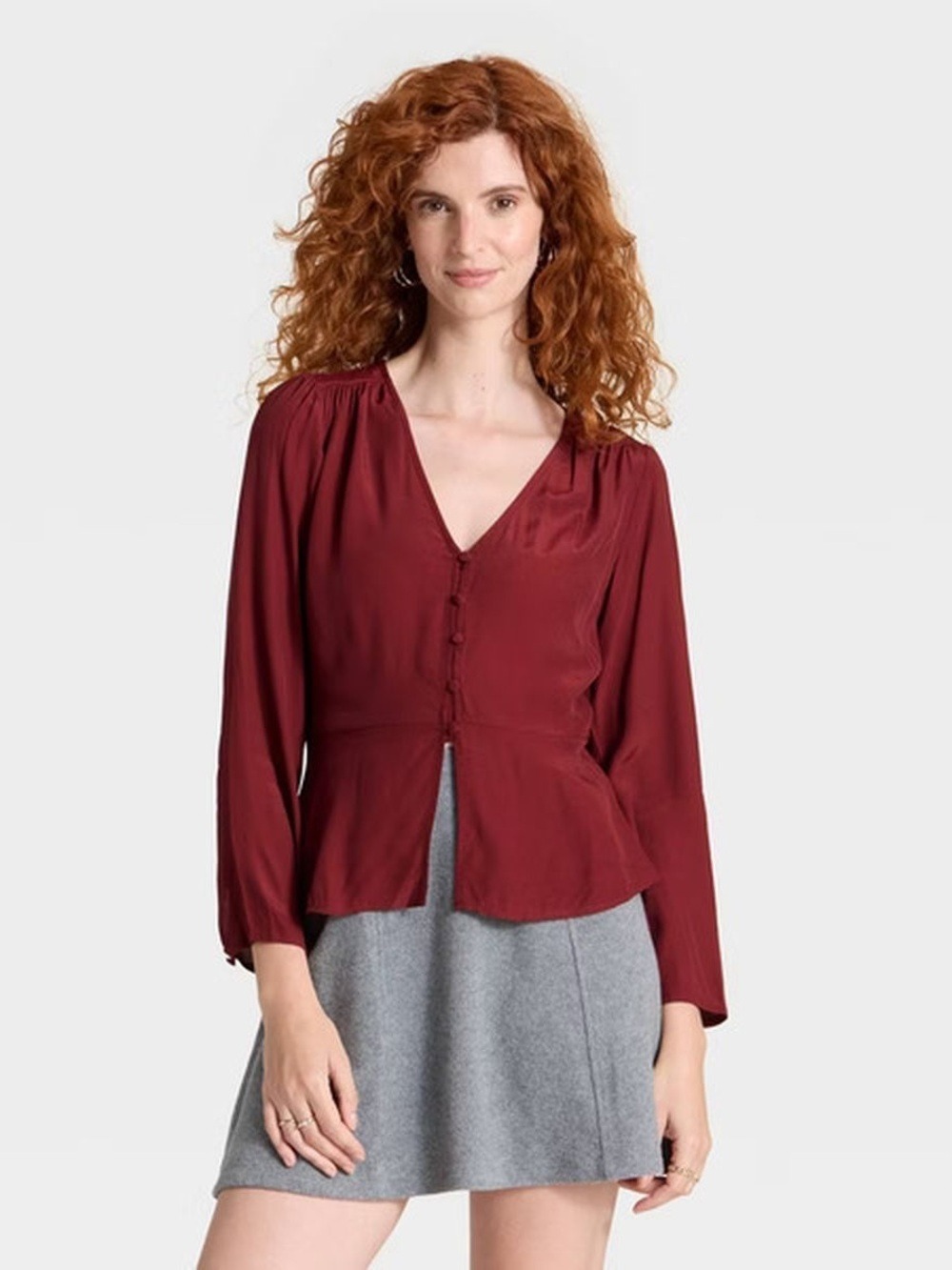 NWT A New Day Women's Long Sleeve Button-Front Top, M - Maroon